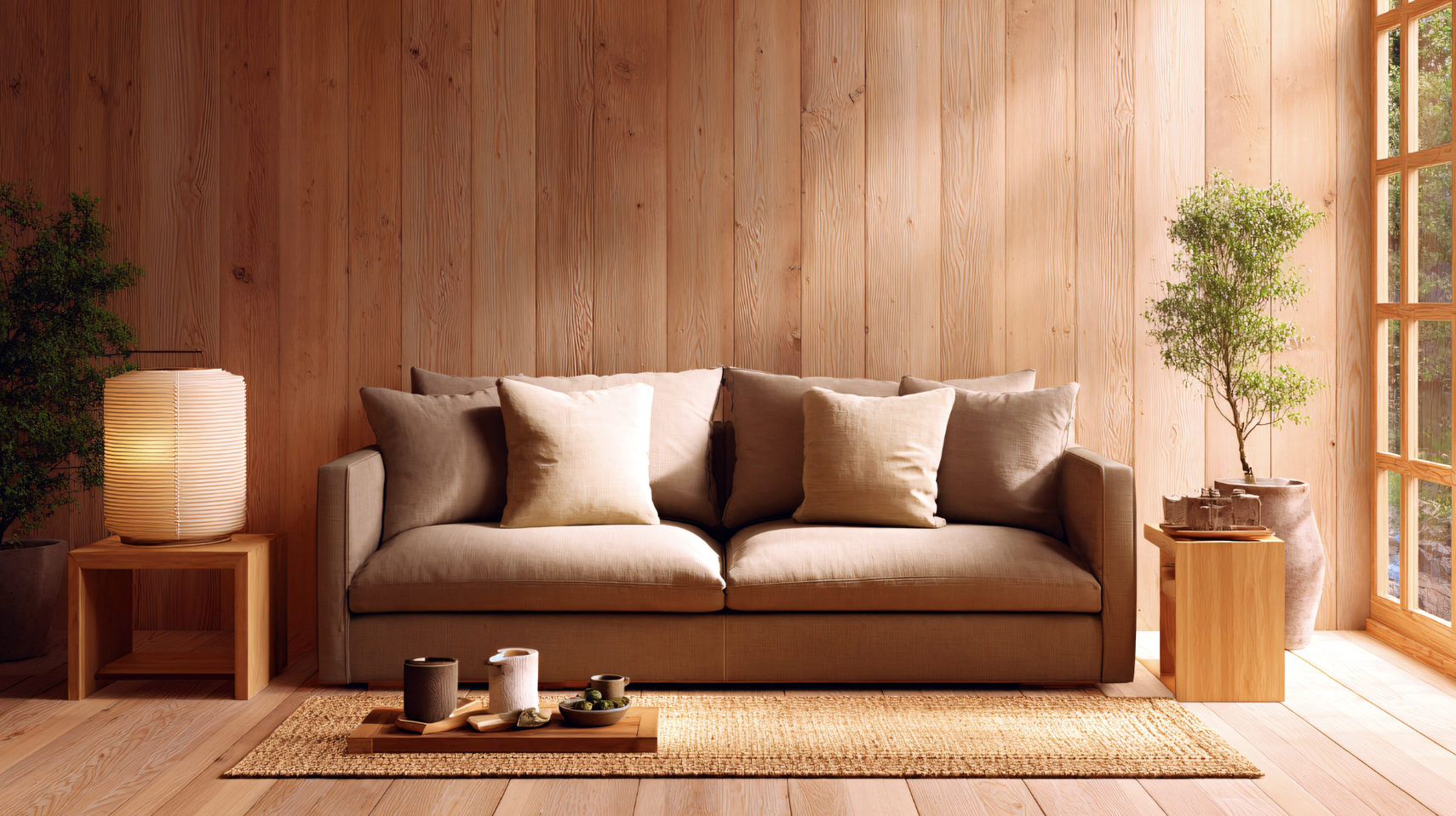 A tan couch in a tan, well lit room.