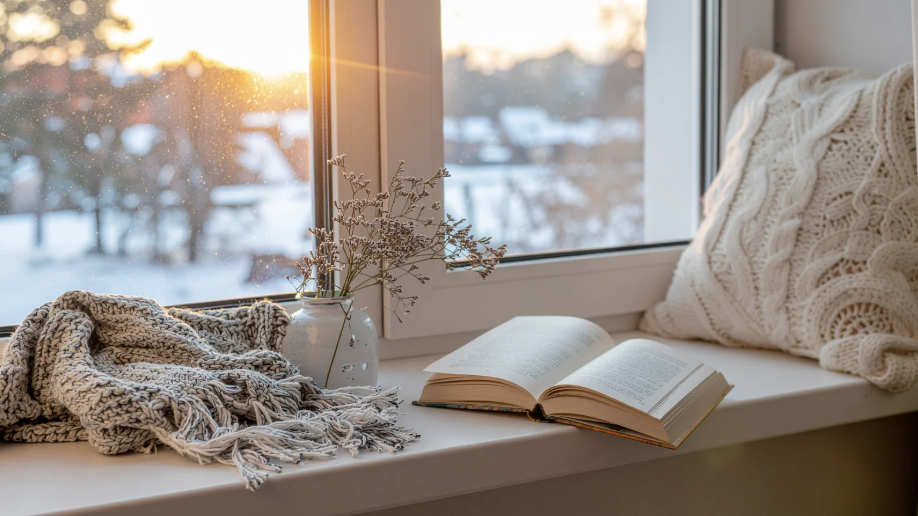 A peaceful scene of a windowsill with a book and blanket looking out into a snowy wilderness