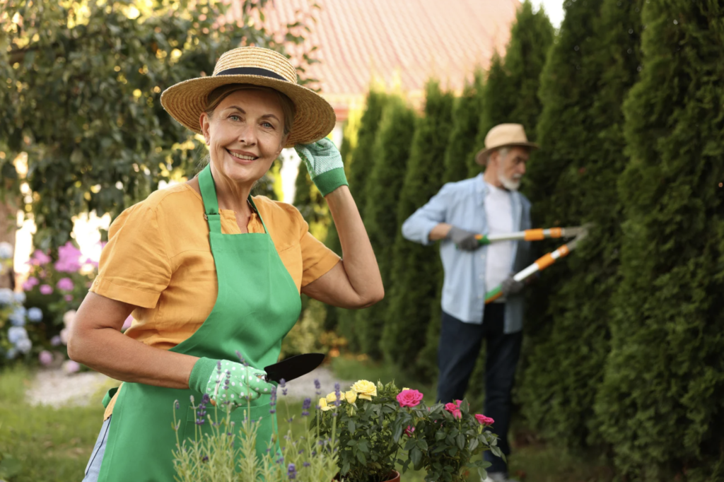 Couple gardening together