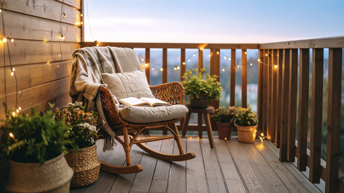 a beautiful porch with string lights